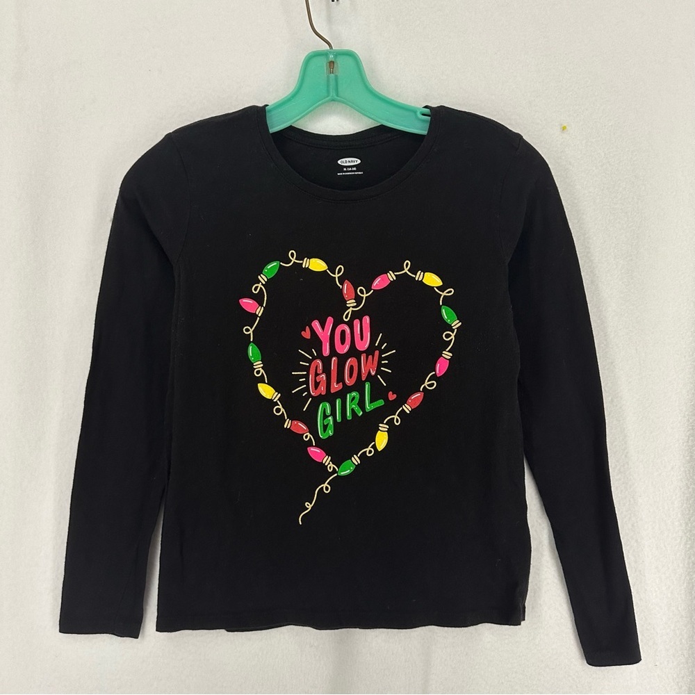 Old Navy You Glow Girl Christmas Lights Long Sleeve Shirt Girls XL Black